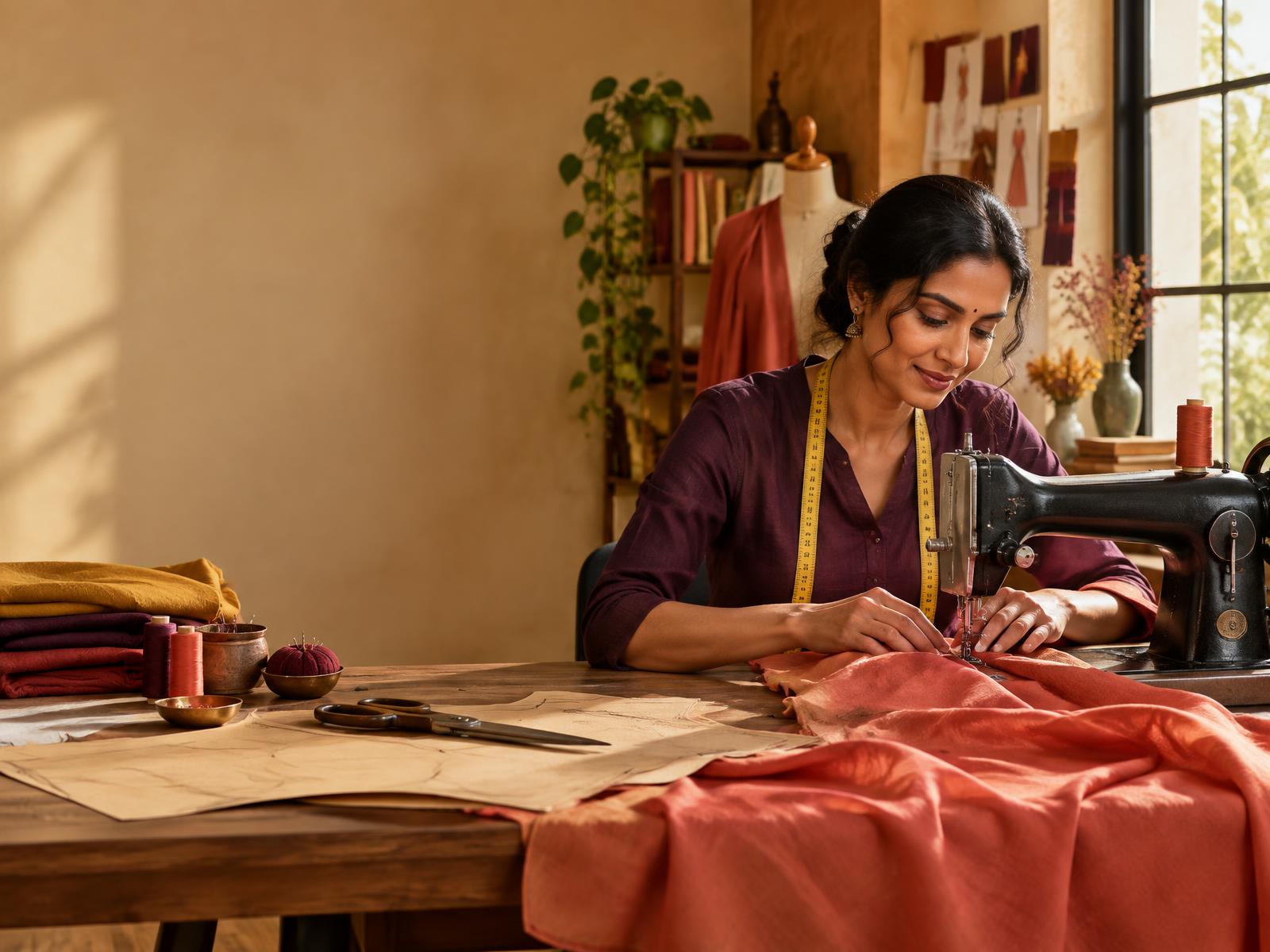 Woman sewing coral fabric in a warm fashion studio